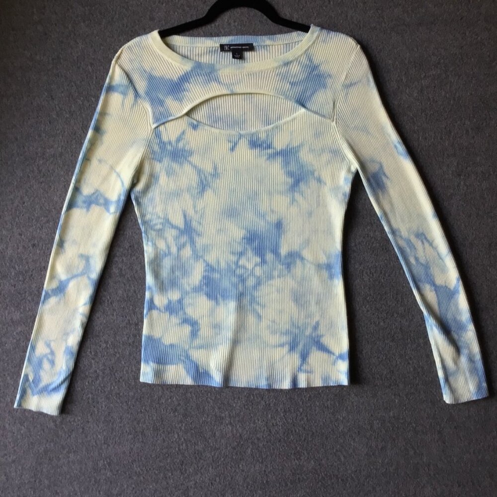 INC INTERNATIONAL CONCEPTS Blue/White Long Sleeve Ribbed Top‎ Blouse Shirt Sz L
